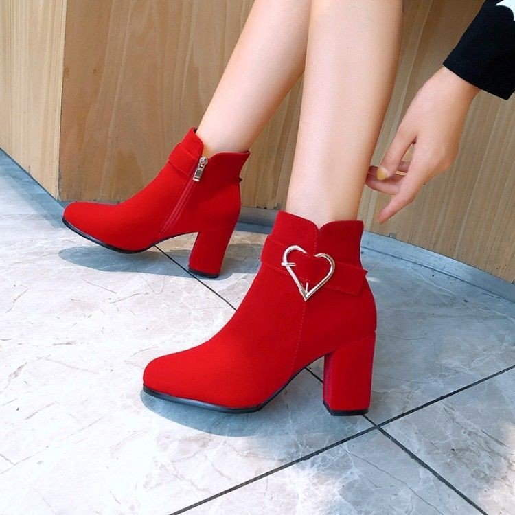 Cross-Border Short Boots, Suede and Fleece-Lined Single Boots, Round Toe, Large Size, Autumn and Winter 2025 New Style, Chunky High Heels, Fashion Women's Shoes