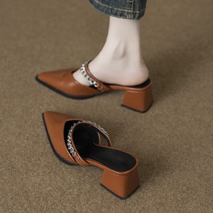 Soft Leather Stylish and High-End Feel Mules for Women, Suitable for Outdoor Wear, 2026 New Model, Can Be Paired with Skirts, High-Heeled Single Shoes - Brown