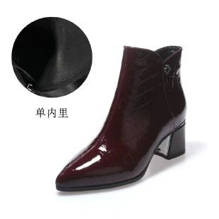 2025 New Autumn and Winter Pointed Toe Shiny Leather Short Boots for Women, Patent Leather Chunky Heel Shoes, Mid-High Heel Plush Ankle Boots, Martin Boots - Burgundy single lining