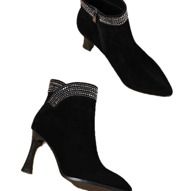 European and American Style Pointed Toe High Heel Short Boots Genuine Leather Plus Velvet Lining Comfortable and Sexy Stiletto Heel Rhinestone Short Boots for Women