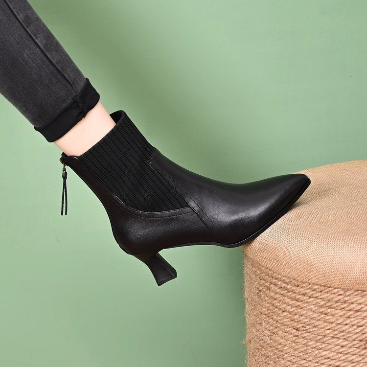 Plaid and Versatile High-Heeled Short Boots for Women, Pointed Toe Thick-Heeled Short Boots, 2025 New Slim Boots, Autumn and Winter Boots