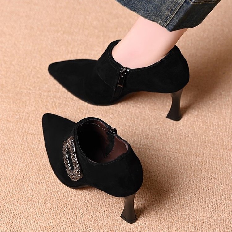 High Heels, Stiletto Heels, Deep Mouth Women's Shoes, 2025 Autumn and Winter Black Suede Diamond Buckle Pointed Toe Side Zipper Ankle Boots Nude Boots