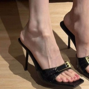 Fashion Summer New Style Open-Toe Square-Toe Black Patent Leather One-Strap Buckle Thin-Heeled High-Heeled Sandals for Women - black