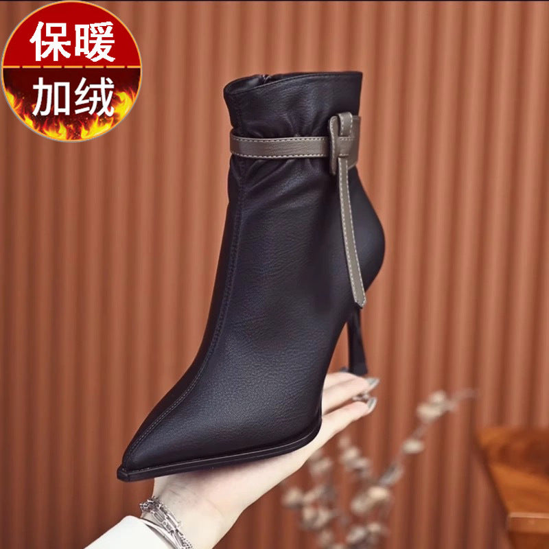 European and American Style Stiletto Short Boots for Women, Martin Boots, 2025 Autumn and Winter New Style, Velvet Pointed Toe High Heels, Fashion Slim Boots - Black plus velvet [sxn-w2 model]
