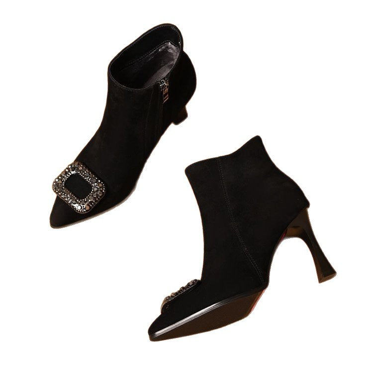 Genuine Leather Pointed Toe Square Buckle Stiletto Short Boots for Women Autumn and Winter Frosted Rhinestone Square Buckle Side Zipper Mid-High Heel Ankle Boots