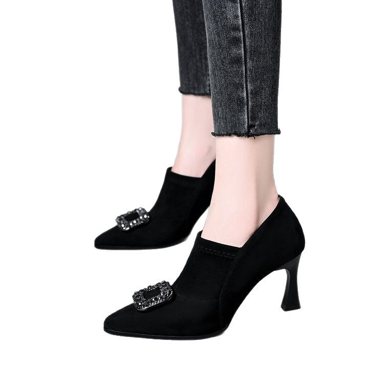 High-Heeled Deep-Cut Women's Short Boots 2025 Autumn and Winter New Diamond Buckle Black Suede Pointed Toe Elastic Ankle Boots Nude Boots