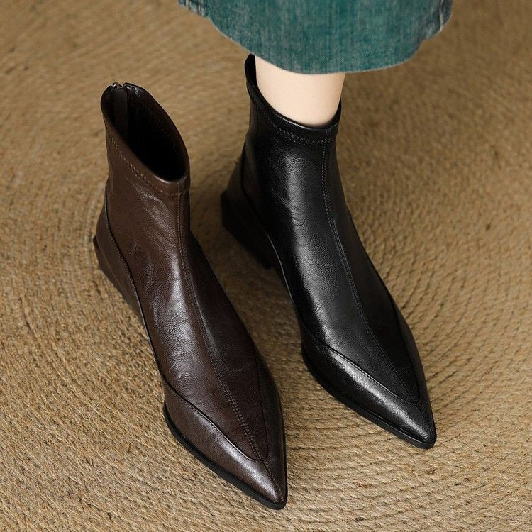 French Pointed Toe Thick Heel Back Zipper Short Boots for Women 2025 New Autumn and Winter Genuine Leather Slimming Look British Style Boots