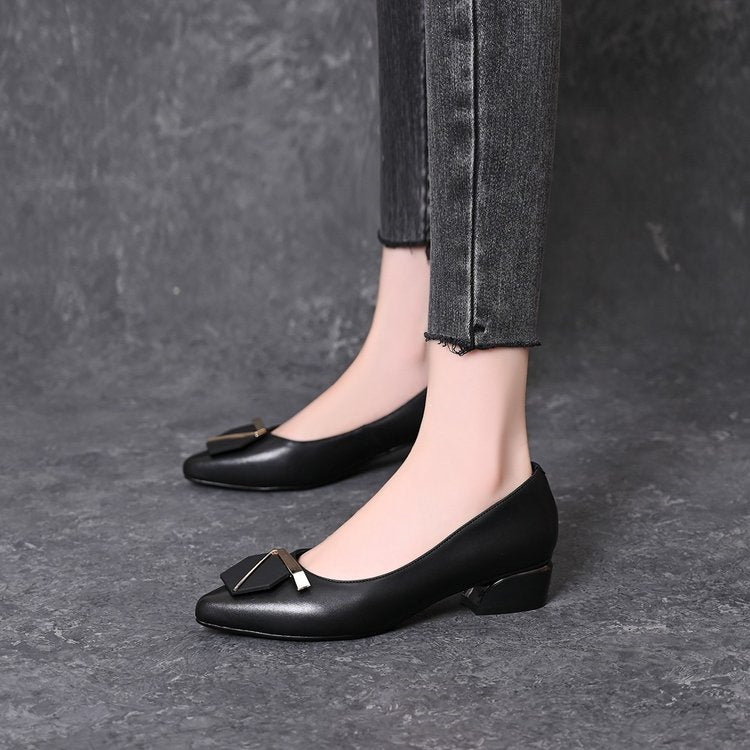 Genuine Leather Low-Heeled Women's Shoes 2026 New Spring and Autumn Soft-Soled Work Shoes for Women Pointed Toe Chunky Heel Leather Shoes Soft Leather Loafers