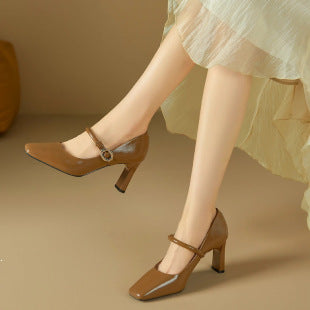 Retro-Style Genuine Leather Mary Jane Shoes for Women, New Spring and Autumn French-Style Single-Strap Chunky Heel Pumps, Shallow High-Heeled Shoes for Summer - Brown