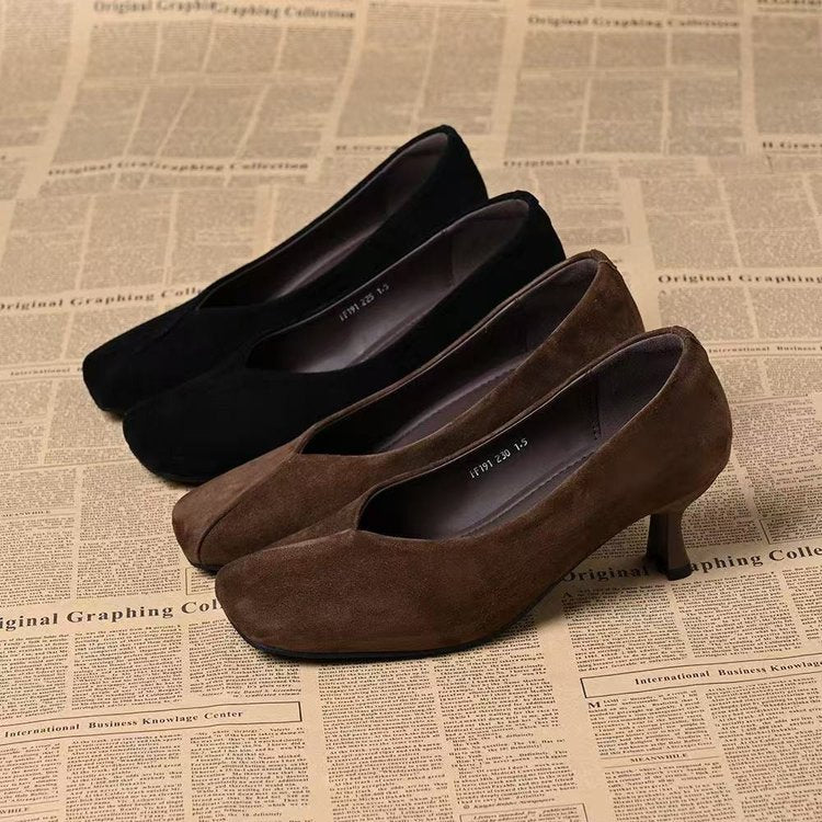 Genuine Leather Sheepskin Retro-Style Suede Elegant Square-Toe Shallow-Mouth Stiletto High-Heeled Shoes for Women, Versatile and Comfortable Slip-On Shoes