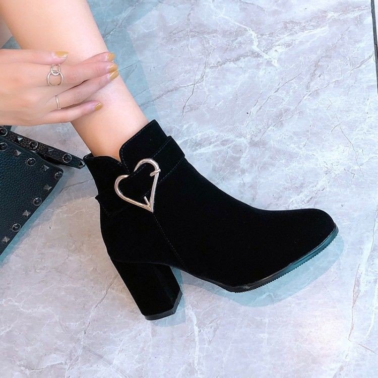 Cross-Border Short Boots, Suede and Fleece-Lined Single Boots, Round Toe, Large Size, Autumn and Winter 2025 New Style, Chunky High Heels, Fashion Women's Shoes