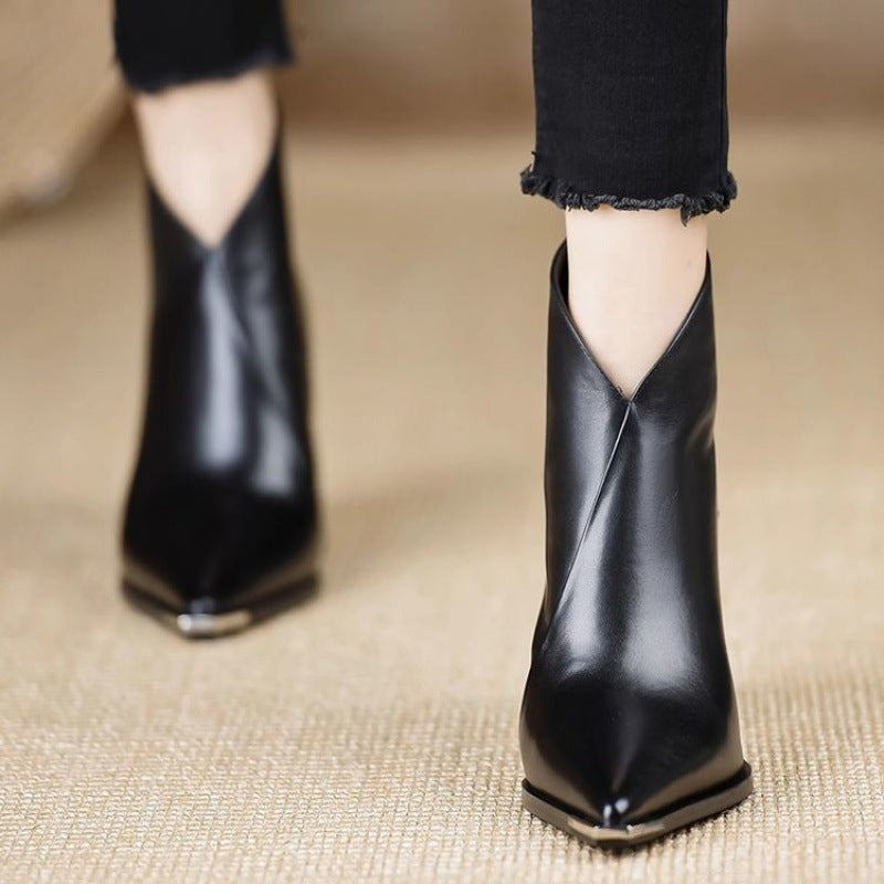 2025 New Autumn and Winter Square Toe Thick Heel Short Boots Women's High Heel Martin Slim Boots British Style Mid-Calf Chelsea Boots