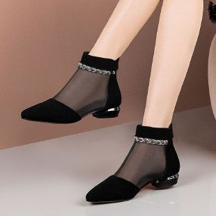 Flat Heel Mesh Hollow Out Sandals Pointed Toe Chunky Heel Mesh Boots Women's Summer 2026 New Large Size Rhinestone Genuine Leather Low Heel Sandals - Black