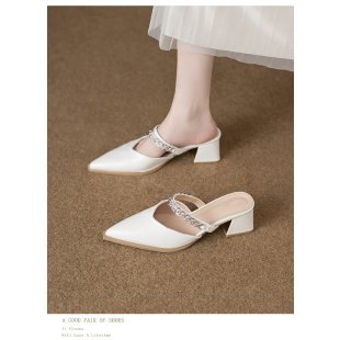 Soft Leather Stylish and High-End Feel Mules for Women, Suitable for Outdoor Wear, 2026 New Model, Can Be Paired with Skirts, High-Heeled Single Shoes - White