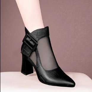 Genuine Leather Chunky Heel Mesh Boots for Women, High-Heeled Hollow Mesh Sandals for Women, Summer 2026 New Style with Belt Buckle, Large Size Women's Shoes, Sandals Boots - black