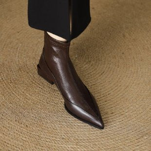 French Pointed Toe Thick Heel Back Zipper Short Boots for Women 2025 New Autumn and Winter Genuine Leather Slimming Look British Style Boots - Brown single lining