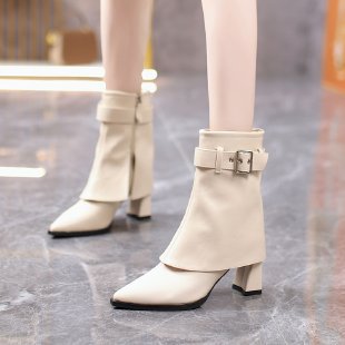 Fashionable Women's Booties 2026 Autumn and Winter New Style Elegant Pointed Toe Chunky Heel Short Boots Versatile High Heel Slimming Fashion Boots - Off-white thin velvet