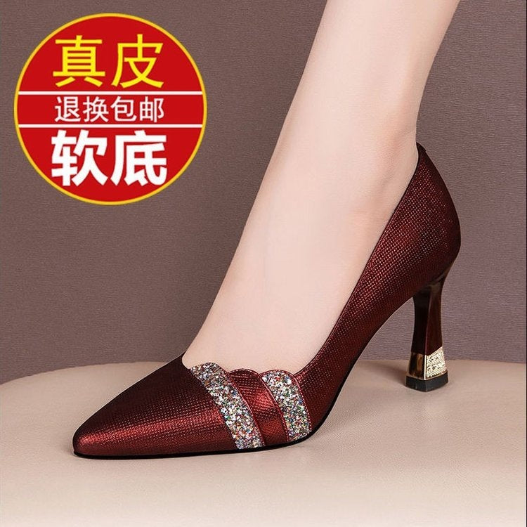 Genuine Leather High-Heeled Shoes for Women, 2026 Spring New Style, Elegant Pointed Toe, Thin Heel, Rhinestone, Work and Commuting Flats, Shallow Mouth Shoes