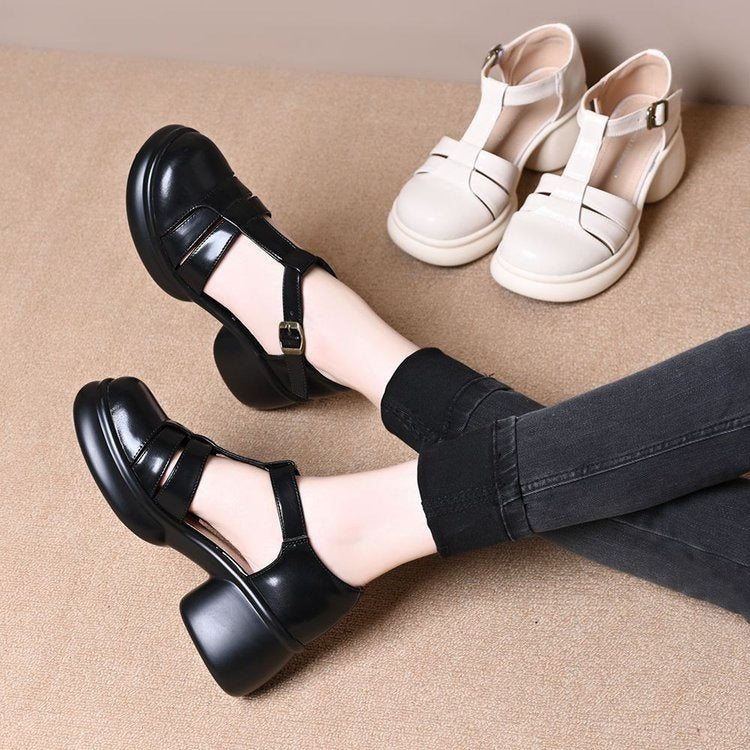 Women's summer new style round-toe shallow buckle chunky heel thick-soled comfortable hollow Mary Jane leather sandals