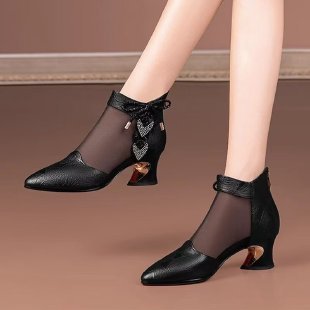 2025 New Style Rhinestone Mid-Heeled Sandals, Mesh Sandals, Women's Thick-Heeled Hollow Women's Shoes, Pointed Toe Shoes with Skirts - black