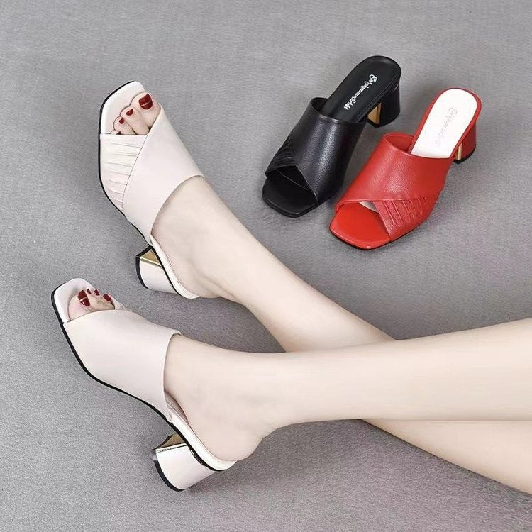 High-Heeled Slippers for Women 2026 Summer New Style Genuine Leather Slippers for Women to Wear Outside, Fashionable and Versatile, Thick Heel, Medium Heel, One-Piece Slippers