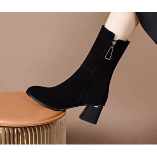 Mid-Calf Boots for Women, Thick-Heeled Genuine Leather Slim Boots, Autumn and Winter Single Boots, 2025 New Autumn and Winter Mid-Heeled Goatskin Boots, Short Boots - Black single layer