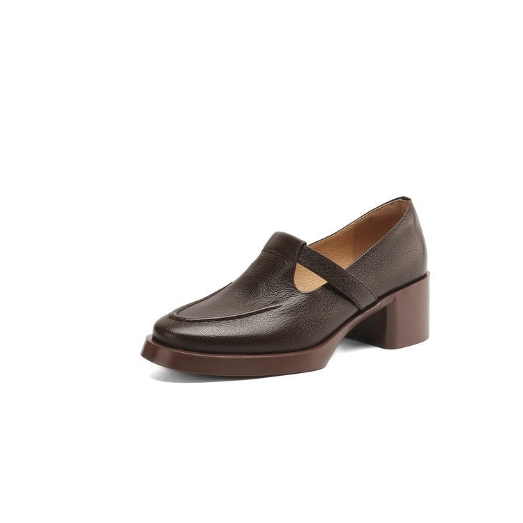 French-Style Backless Slip-On Shoes for Women 2026 Spring/Summer Genuine Leather Versatile Thick-Soled Chunky Heel Closed-Toe Mule Shoes - Brown