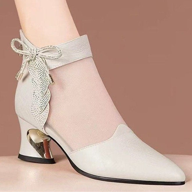 2025 New Style Rhinestone Mid-Heeled Sandals, Mesh Sandals, Women's Thick-Heeled Hollow Women's Shoes, Pointed Toe Shoes with Skirts