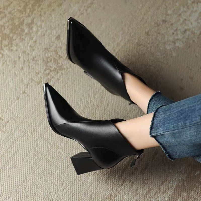 2025 New Autumn and Winter Square Toe Thick Heel Short Boots Women's High Heel Martin Slim Boots British Style Mid-Calf Chelsea Boots