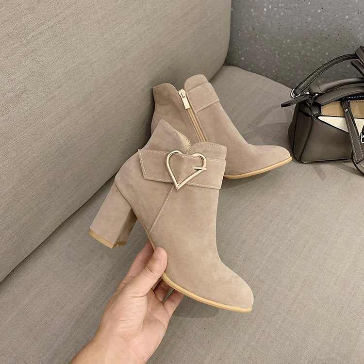 Cross-Border Short Boots, Suede and Fleece-Lined Single Boots, Round Toe, Large Size, Autumn and Winter 2025 New Style, Chunky High Heels, Fashion Women's Shoes - Khaki color
