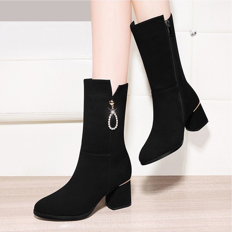 2025 New Style Over-The-Knee Mid-Calf Boots for Women in Autumn and Winter Fashion Fleece-Lined Warm Nubuck Leather Mid-Heeled Boots Long Boots - Black single lining
