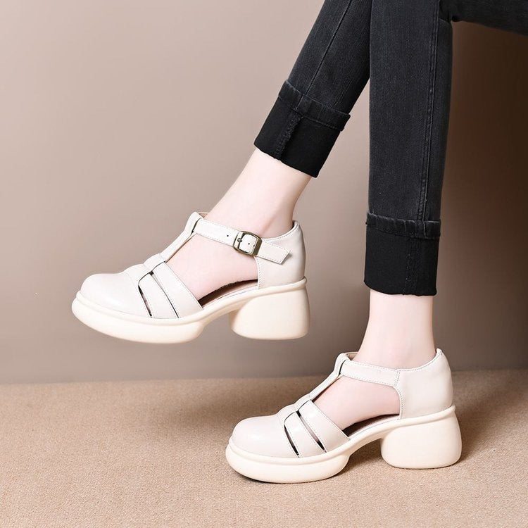 Women's summer new style round-toe shallow buckle chunky heel thick-soled comfortable hollow Mary Jane leather sandals
