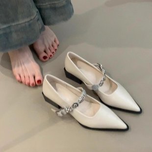 Sheepskin Version~French-Style Pointed-Toe Mary Jane Women's Shoes with Elegant Metal Buckle, Single Strap, Chunky Heel, Shallow Mouth, and High Heels - White
