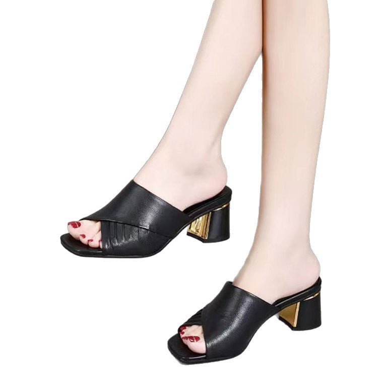 High-Heeled Slippers for Women 2026 Summer New Style Genuine Leather Slippers for Women to Wear Outside, Fashionable and Versatile, Thick Heel, Medium Heel, One-Piece Slippers