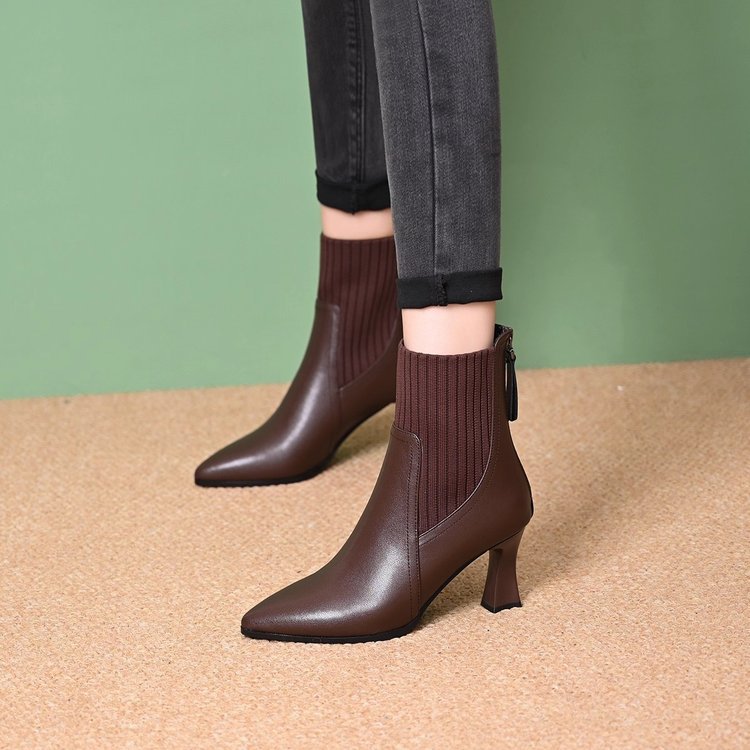 Plaid and Versatile High-Heeled Short Boots for Women, Pointed Toe Thick-Heeled Short Boots, 2025 New Slim Boots, Autumn and Winter Boots