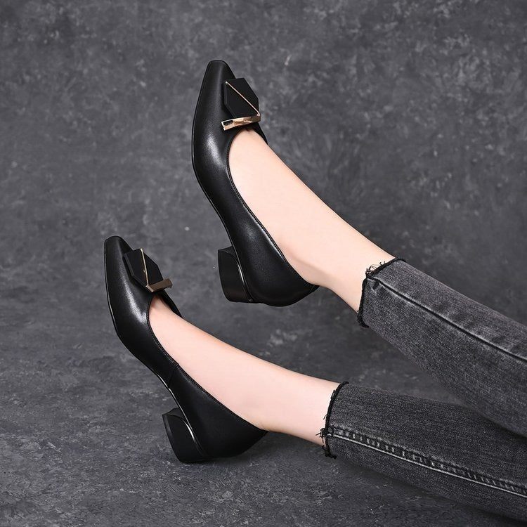 Genuine Leather Low-Heeled Women's Shoes 2026 New Spring and Autumn Soft-Soled Work Shoes for Women Pointed Toe Chunky Heel Leather Shoes Soft Leather Loafers