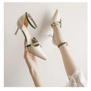 White High Heels Women's Summer 2025 New Comfortable All-match Single-layer Shoes with Niche French Stiletto Shoes - Emerald green