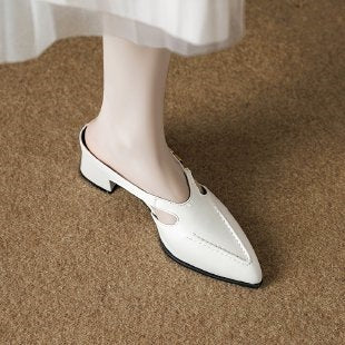 Brand Genuine Leather Closed-Toe Mules for Women, 2026 Summer New Style, Outdoor Wear, Chunky Heel, Metal Slip-On Sandals - White