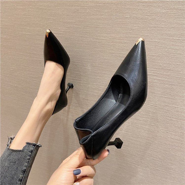 Internet Celebrity High Heels 2026 Spring New French Style Versatile Professional Black Work Shoes with Thin Heels and Pointed Toes