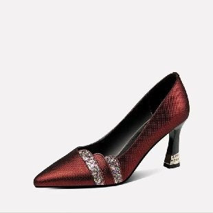 Genuine Leather High-Heeled Shoes for Women, 2026 Spring New Style, Elegant Pointed Toe, Thin Heel, Rhinestone, Work and Commuting Flats, Shallow Mouth Shoes - Red