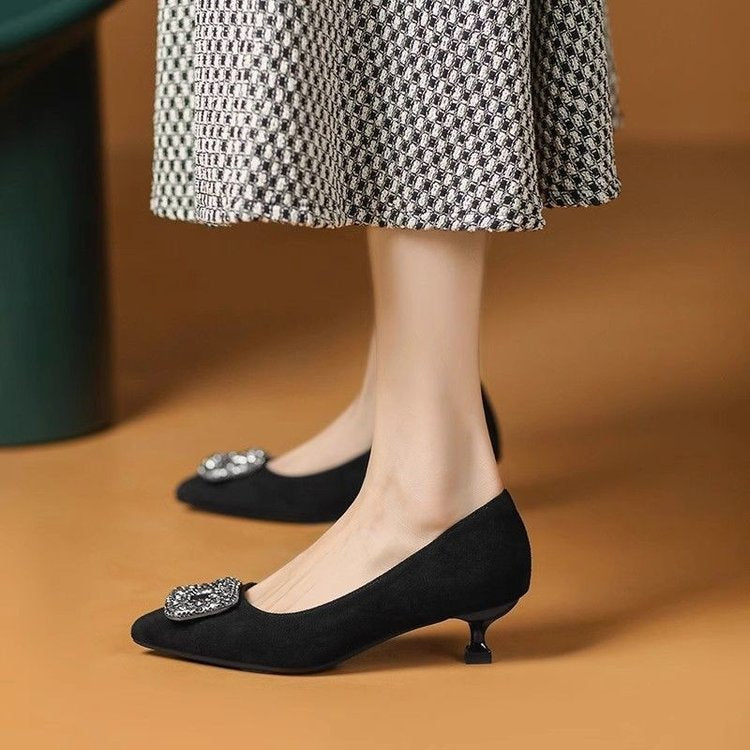 Brand Genuine Leather Low-Heeled Shoes with Thin Heels, Spring French Fashion Style, Rhinestone Square Buckle, Black Suede Professional Interview High-Heeled Shoes