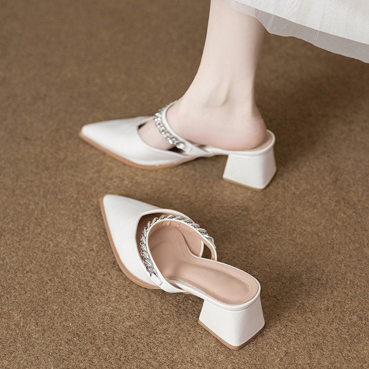 Soft Leather Stylish and High-End Feel Mules for Women, Suitable for Outdoor Wear, 2026 New Model, Can Be Paired with Skirts, High-Heeled Single Shoes