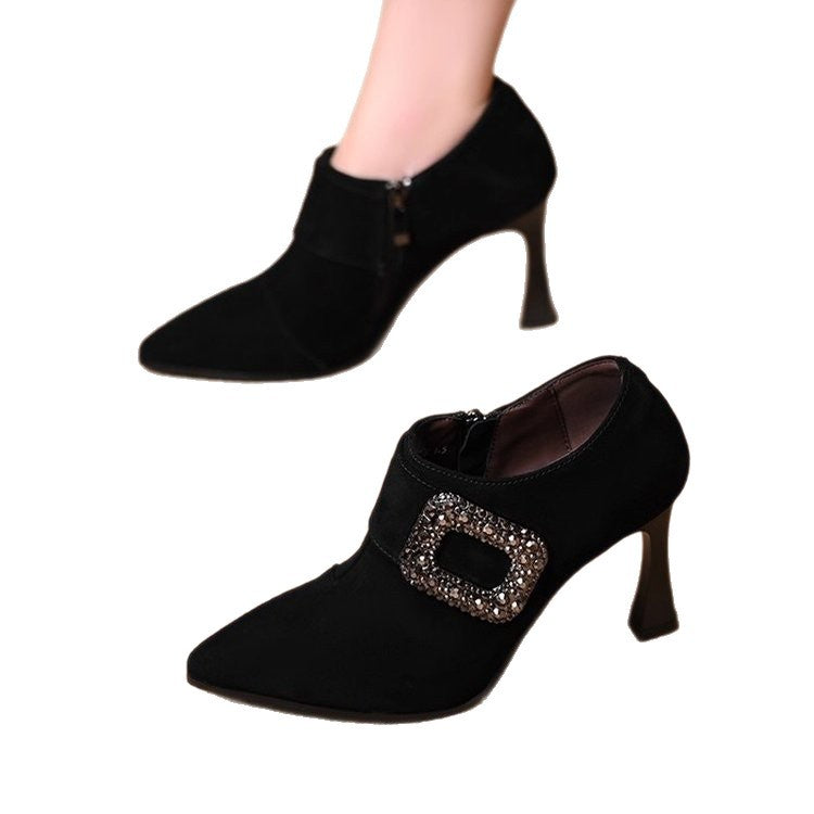 High Heels, Stiletto Heels, Deep Mouth Women's Shoes, 2025 Autumn and Winter Black Suede Diamond Buckle Pointed Toe Side Zipper Ankle Boots Nude Boots