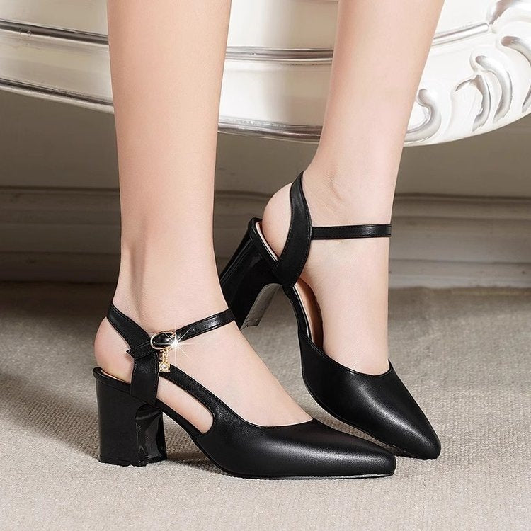 Brand Special Offer 2026 Summer New Style Genuine Soft Leather Chunky Heel Pointed Toe Sandals for Women, Versatile Closed-Toe High-Heeled Shoes with Single Strap