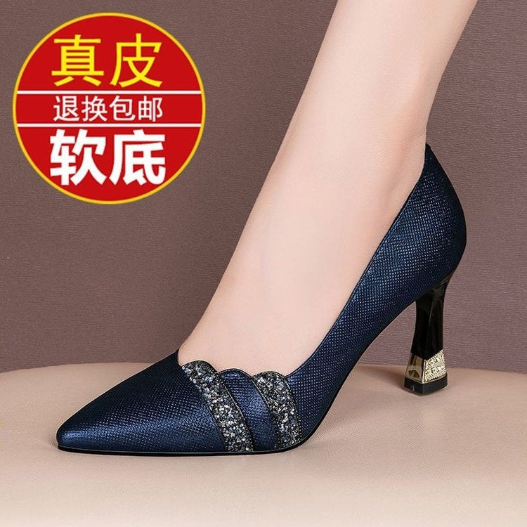 Genuine Leather High-Heeled Shoes for Women, 2026 Spring New Style, Elegant Pointed Toe, Thin Heel, Rhinestone, Work and Commuting Flats, Shallow Mouth Shoes