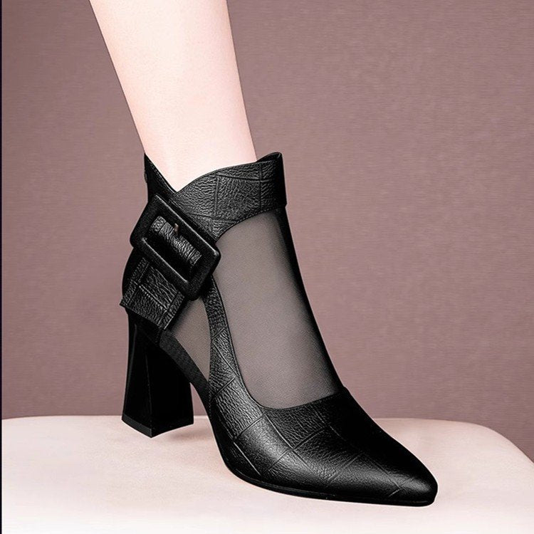 Genuine Leather Chunky Heel Mesh Boots for Women, High-Heeled Hollow Mesh Sandals for Women, Summer 2026 New Style with Belt Buckle, Large Size Women's Shoes, Sandals Boots