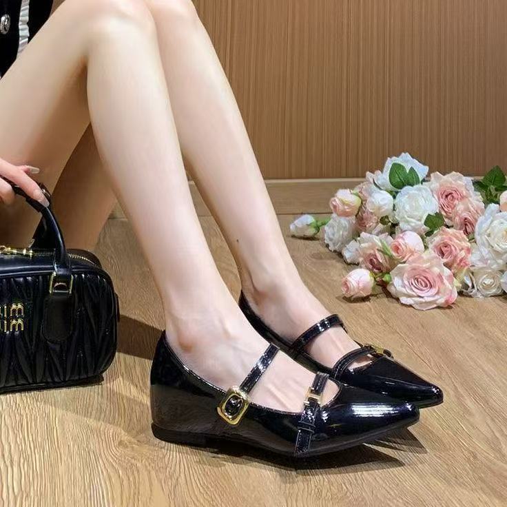 Sheepskin Version~French-Style Pointed-Toe Mary Jane Shoes for Women 2026 New Model with Hidden Height Increase, Patent Leather, Soft-Soled Shoes for Petite Women