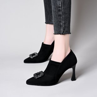 High-Heeled Deep-Cut Women's Short Boots 2025 Autumn and Winter New Diamond Buckle Black Suede Pointed Toe Elastic Ankle Boots Nude Boots - Black-heel height 7cm