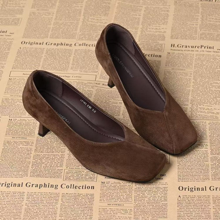 Genuine Leather Sheepskin Retro-Style Suede Elegant Square-Toe Shallow-Mouth Stiletto High-Heeled Shoes for Women, Versatile and Comfortable Slip-On Shoes