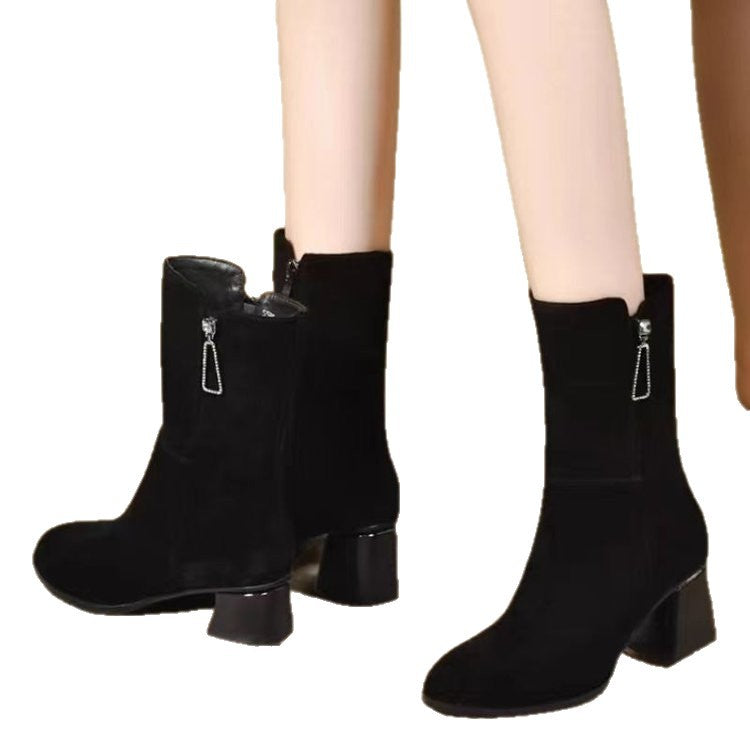 Mid-Calf Boots for Women, Thick-Heeled Genuine Leather Slim Boots, Autumn and Winter Single Boots, 2025 New Autumn and Winter Mid-Heeled Goatskin Boots, Short Boots